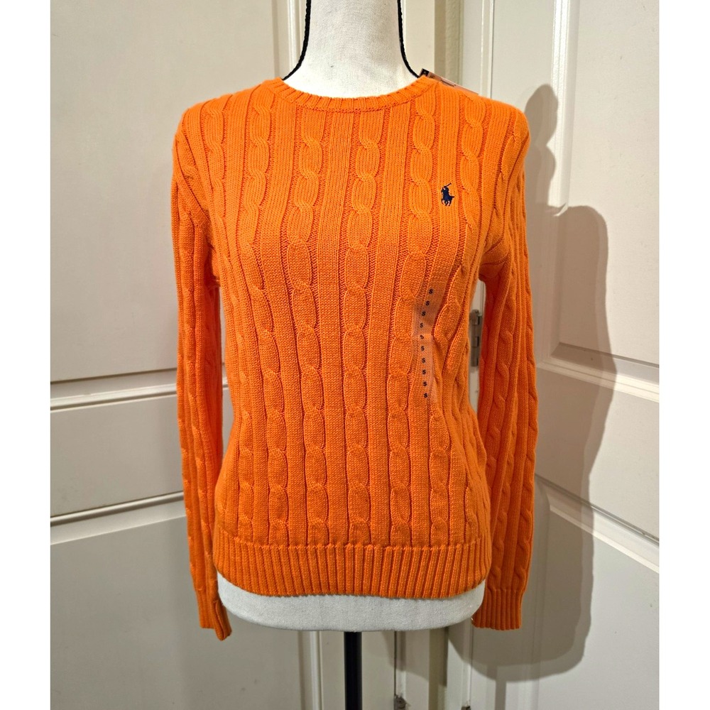 Polo Ralph Lauren Womens S Orange Cable Knit Crew Neck Logo Sweater Slim Fit